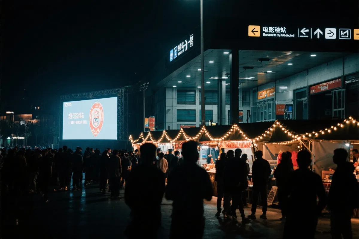 费城球迷广场夜景：大屏观赛人群、步行指示牌与公共交通入口