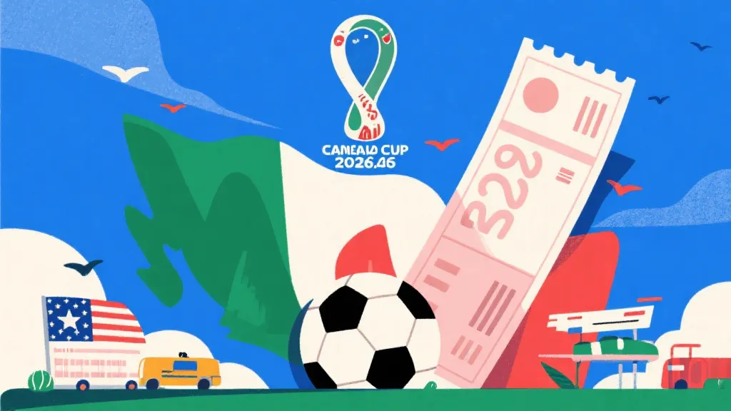 2026年美加墨世界杯概念图，包含足球与高昂旅行账单元素